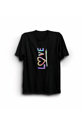 Sevgililer Günü İçin Özel Tasarım Love Baskılı T-shirt - Siyah