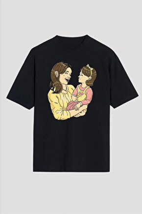 EQURİ Anneler Gününe Özel Tasarım Anne Kız Baskılı T-shirt - Siyah