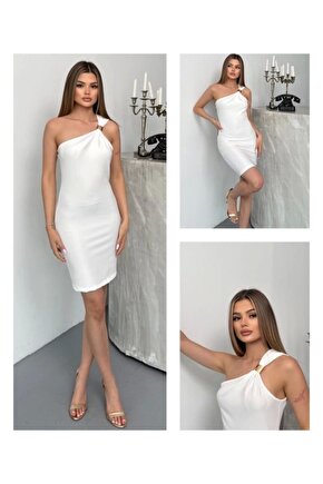 Kadın Ottoman Kumaş Tek Omuz Askılı Toka Detaylı Mini Boy Elbise