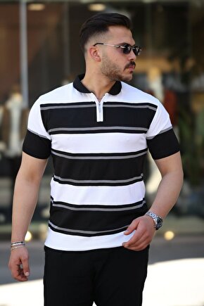 Erkek Yakalı Fermuarlı çift Renk Kısa Kollu T-shirt