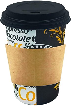 Thestorex Tedarik 12 Oz Siyah Kapaklı Tutamaçlı Latte Kahve Kağıt Bardak Sleeve 3 100 Lü Takım