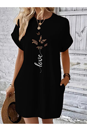 Kadın Kısa Kollu Bisiklet Yaka Cepli Kelebek Baskılı Viskon Elbise