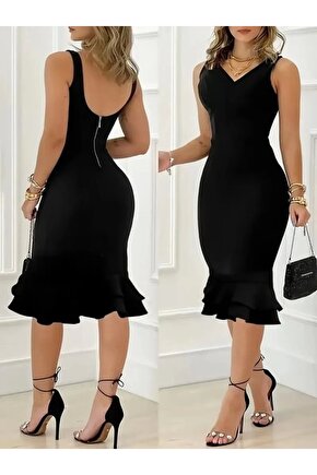 Kadın Askılı V Yaka Arkadan Fermuarlı Dalgıç Elbise