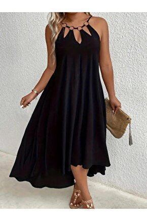 Kadın Boyundan Askılı Damla Detaylı Halkalı Asimetrik Kesim Viskon Elbise