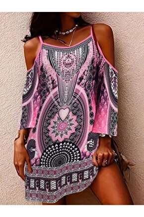 Kadın Askılı Omuzlardan Açık Truvakar Kol Desenli Kısa Süprem Elbise