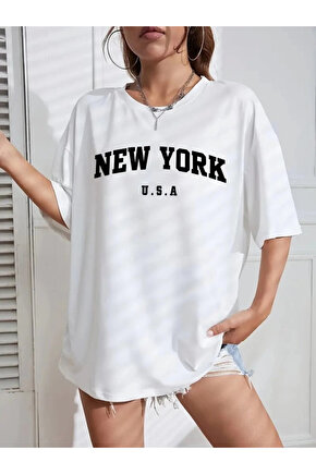 New York Baskılı Oversize Bisiklet Yaka T-shirt - Beyaz