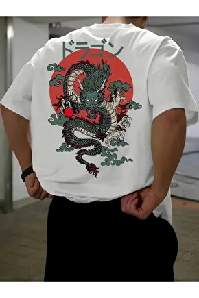 Baskılı Oversize Bisiklet Yaka T-shirt - Beyaz