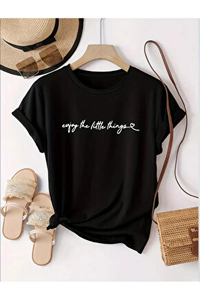 Kadın Kısa Kollu önü Yazı Baskılı Basic Süprem Bluz