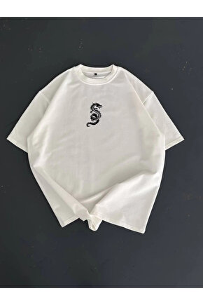 Baskılı Oversize Bisiklet Yaka T-shirt - Beyaz