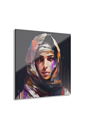 Müslüman Kız Sulu Boya Türban Başörtüsü İslam Cam Tablo Duvar Dekoru