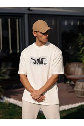 Unisex Bisiklet Yaka Baskılı Oversize T-Shirt - Beyaz