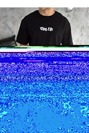 Unisex Bisiklet Yaka Baskılı Oversize T-Shirt - Siyah