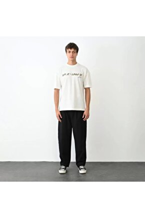 Unisex Bisiklet Yaka Baskılı Oversize T-Shirt - Beyaz