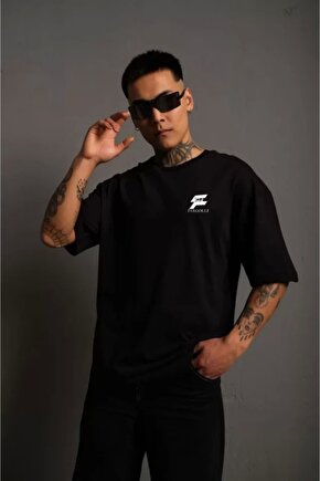 Unisex Bisiklet Yaka Baskılı Oversize T-Shirt - Siyah