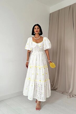 Sarı Dantel Detaylı Brode Elbise