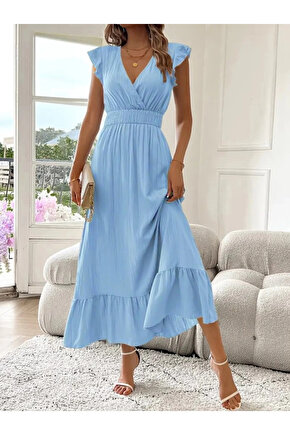 Kadın Kısa Kollu Kruvaze Yakalı Beli Lastikli Müslim Elbise