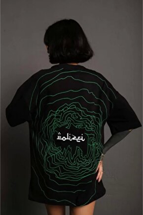 Bisiklet Yakalı ırt Baskılı Oversize Thirt  iyah