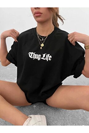 Unisex Bisiklet Yaka Baskılı Oversize Thirt  iyah