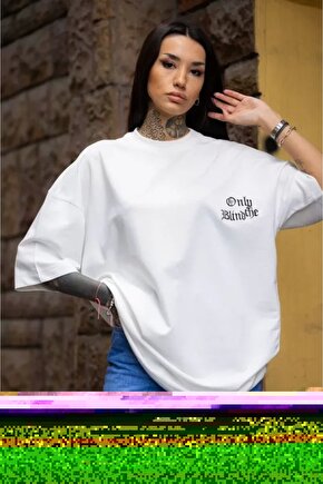 Unisex Bisiklet Yaka Baskılı Oversize Thirt  Beyaz