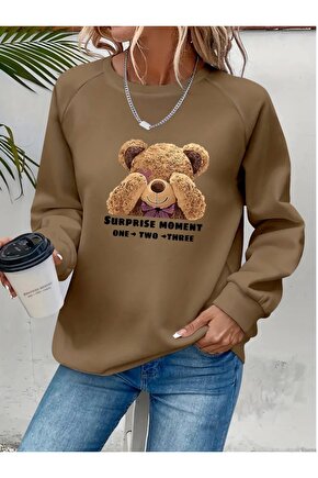 Kadın Uzun Kollu Bisiklet Yaka Ayıcık Desenli Viskon Iki Iplik Bluz