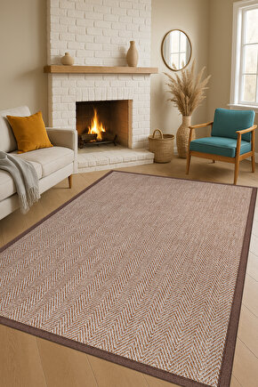 0408-Kahve Kumaş Bordür Sisal Halı Kilim Hav Toz Vermez Kolay Temizlenen Hasır Kilim