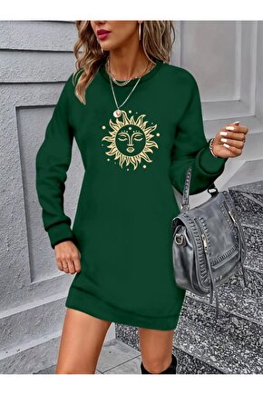 Kadın Uzun Kollu Bisiklet Yaka Güneş Desenli Viskon Iki Iplik Elbise