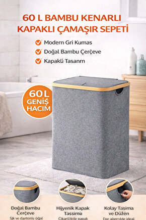 60 L Bambu Kenarlı Kapaklı Çamaşır Sepeti – Gri Kumaş, Modern Kirli Sepeti