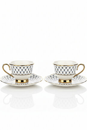 2 Kişilik 4 Parça Porselen Kahve Fincan Seti |Altın Yaldızlı, Şık Desenli, Fincan & Tabak Takımı