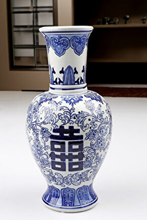 Çin Desenli Porselen Vazo – Mavi Beyaz Dekoratif Obje 30 cm