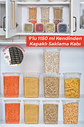 9 Adet 18 Parça Etiketli Kendinden Kapaklı Erzak Dondurucu Baharat Saklama Kabı Seti 1,15 Litre