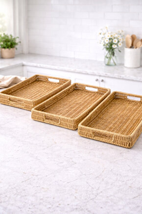 3’lü Rattan Dikdörtgen Tepsi Seti – Hasır Servis & Sunum Tepsisi, Doğal Görünüm