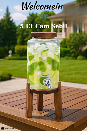 Akasya Standlı Cam Sebil 5L Musluklu Soğuk İçecek Dispenseri Limonata, Detoks Suyu, Meyve Aromaları