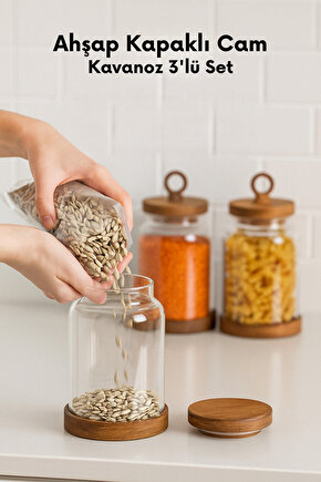 3lü Ahşap Kapaklı Cam Kavanoz Seti Vakum Kapaklı Büyük Boy Erzak Bakliyat Seti Gıda Saklama Kabı