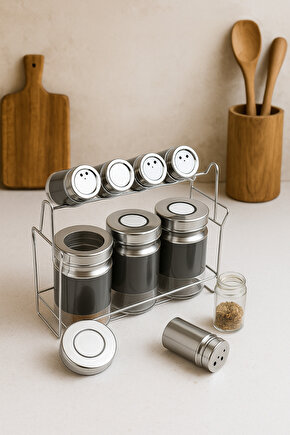 Standlı 9’lu Cam Baharatlık Seti Paslanmaz Çelik Kapaklı Mutfak Düzenleyici Tezgah Baharat Takımı