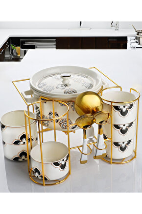 Gold Standlı 12 Parça Porselen Kahvaltı Takımı Çorbalık Kupa ve Kaşık Seti Desenli Sofra Sunum Seti
