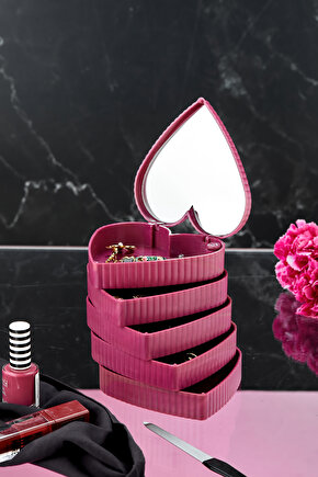 5 Katlı Aynalı Kalp 360 Derece Dönebilen Takı Organizer Kutusu