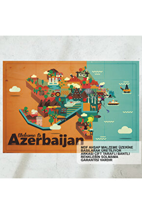 azerbeycana hoşgeldiniz turistik kültürel azerbeycan haritası retro ahşap poster tablo