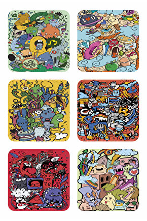 renkli karalama sanatı eğlenceli pop art çizimler 6lı ahşap bardak altlığı seti