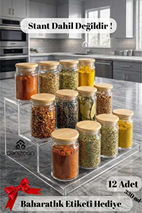 12li Ahşap Kapaklı 320 ml Cam Baharatlık (Baharatlık Etiketi Hediye)