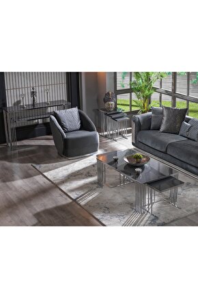 Ultra Lüx 2+1 Kare Orta Sehpa Paslanmaz Metal Hıghglass Yüzey