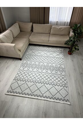 Modern İskandinav Desenli Yıkanabilir Kaymaz Dokuma Taban Şönil Halı Açık Gri