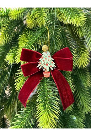 Bordo Kadife Ağaç Süslü Fiyonk, 5li Paket, Şık ve Zarif Dekoratif Aksesuar