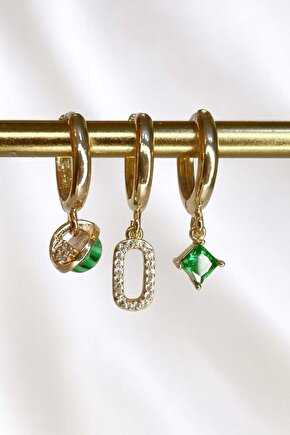Üçlü Yeşil Zirkon Taşlı Gold Küpe