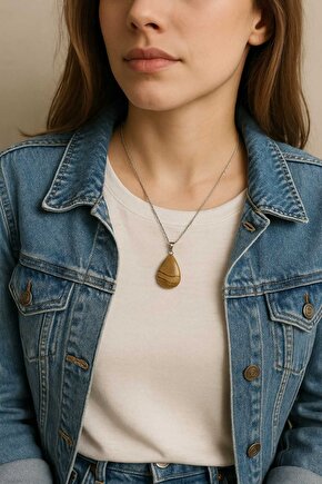 Doğal Jasper Taşı Oval Çelik Kolye