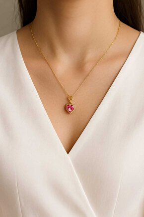 Pembe Kalp Zirkon Taşlı Çelik Kolye