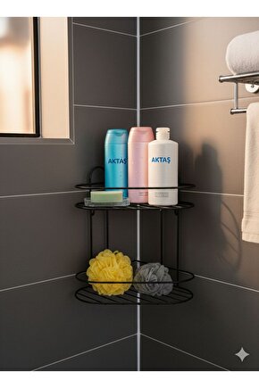 Siyah 2 Katlı Banyo Köşeliği Şampuanlık Köşelik Banyo Rafı Düzenleyici Raf