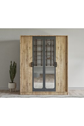 Simeno 4 Kapılı Çift Aynalı Gardrop Çam-Antrasit