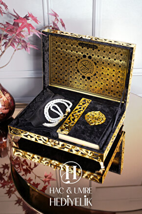 Hediyelik Kuranı Kerim | İslami Hediye | Lüks Ahşap Kutu, Kadife Kuran, Şal ve İnci Tesbih Seti