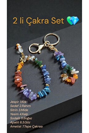 Doğal Taş Çakra 2li Anahtarlık ve Bileklik Çelik Aparat