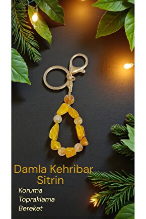 Doğal Taş Damla Kehribar & Sitrin Anahtarlik Bereket Koruma